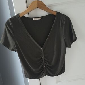 Heart Hips Olive Ribbed Ruched Button-Front Crop Top